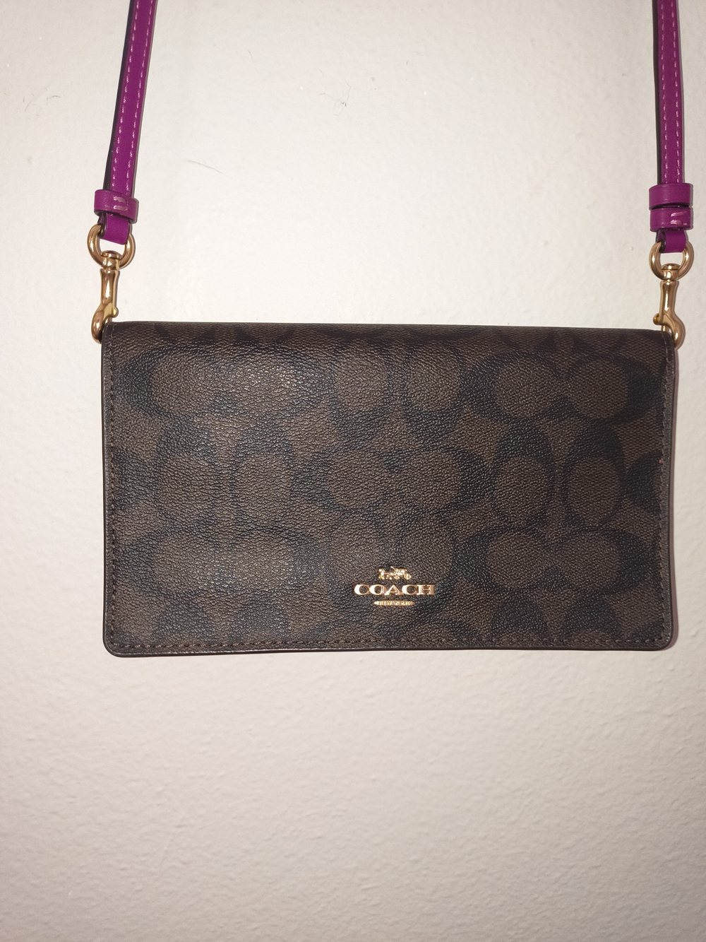 Coach Signature Canvas Wallet Crossbody Brown Purple Leather Phone Bag - Picture 2 of 11